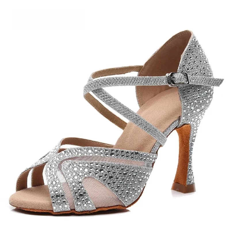 Chaussures de danse latine pour femmes adultes, chaussures de danse Salsa Tango, d'entraînement, sandales à talons hauts, été, noir, argent, bleu, rouge