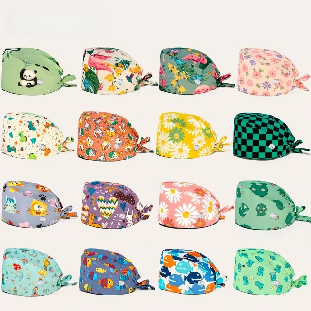 Chapeau de gIslande imprimé fleur et dessin animé pour femme, casquette d'infirmière, bouton de laboratoire, animalerie, accessoires d'allaitement médical, salon de beauté