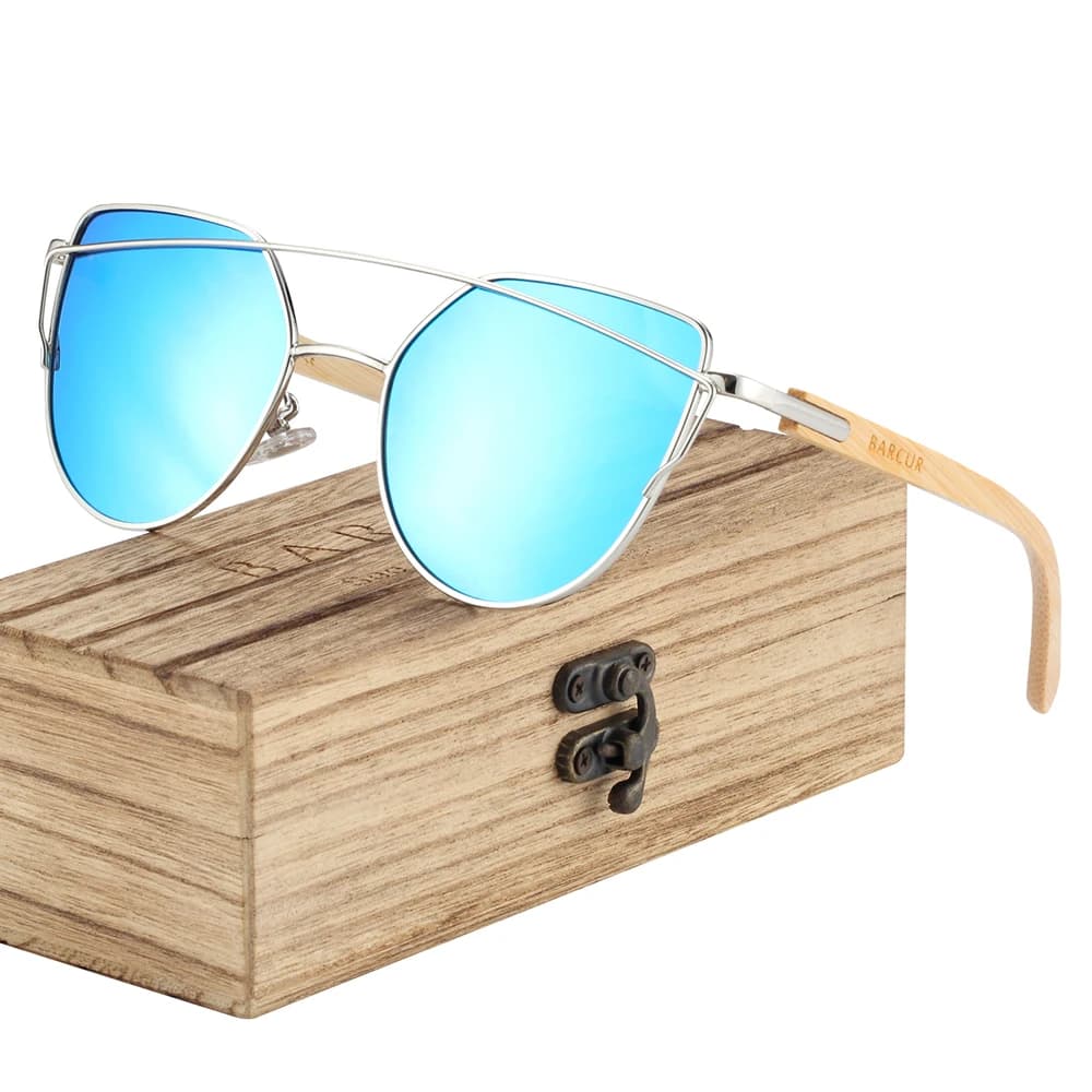 BARCUR lunettes de soleil œil de chat bambou polarisé monture métallique lunettes en bois dame luxe mode lunettes de soleil UV400