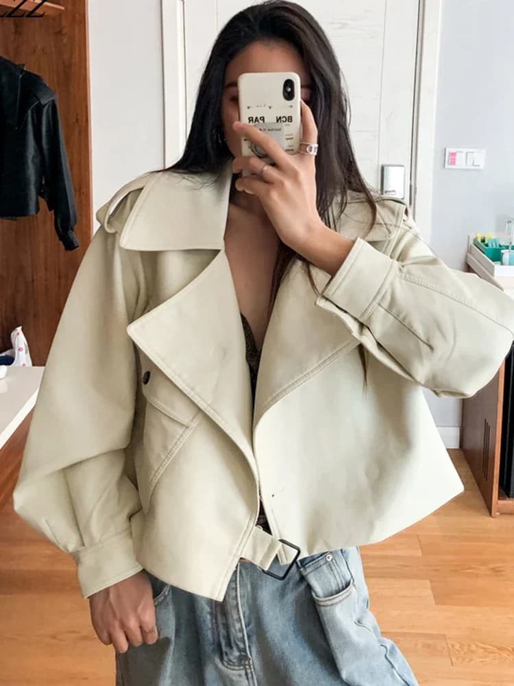 FTLZZ-Veste Courte en Faux Cuir pour Femme, Manteau Punk de Moto à Revers, Streetwear, Solide, Nouvelle Collection Printemps-Automne