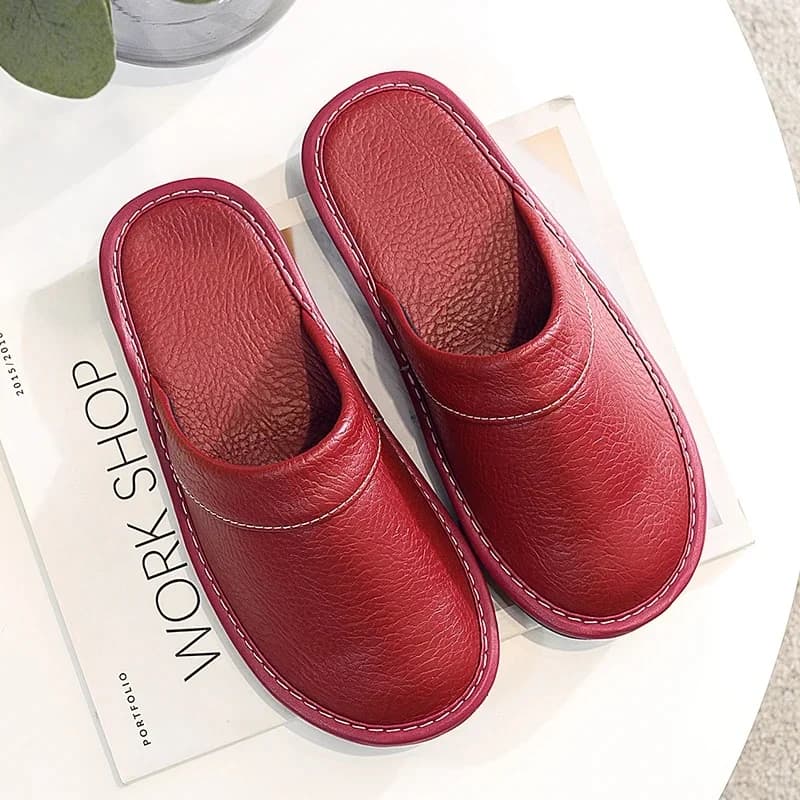 Chaussons d'intérieur en cuir PU pour femmes, couleur bordeaux, sandales décontractées tendance, pantoufles féminines, chaussures de maison, chaussures concises pour dames