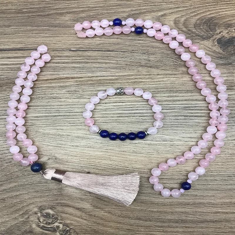 Ensemble de Japamala en quartz rose et lapis-lazuli de 8 mm, bijoux spirituels pour la méditation et le yoga, 108 perles de prière, collier en pierre naturelle fait à la main