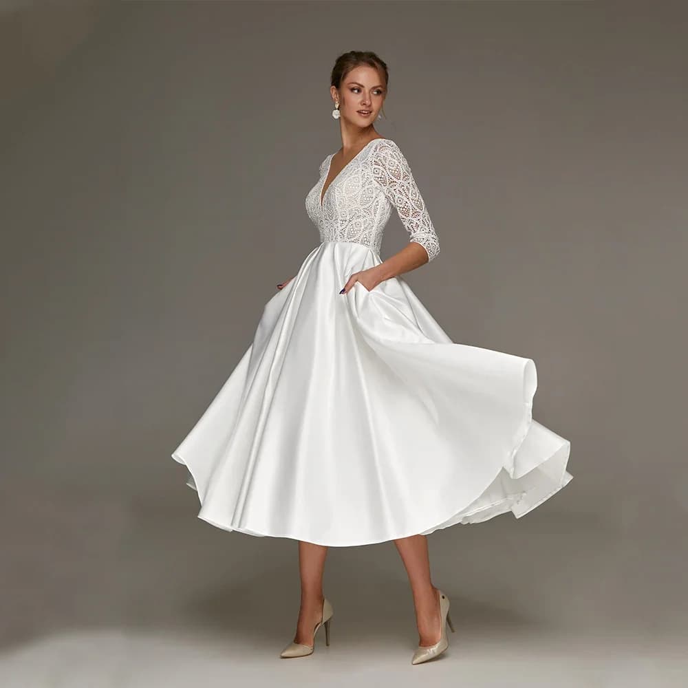 Robe De mariée en Satin longueur thé, ligne A, manches 3/4, dentelle, Simple, blanche, courte, personnalisée, grande taille