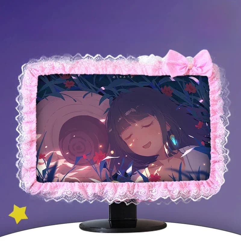 Couverture de cadre d'ordinateur en tissu dentelle, couverture anti-poussière pour écran de moniteur avec stylo élastique, nœud de poche, décorations pour la maison