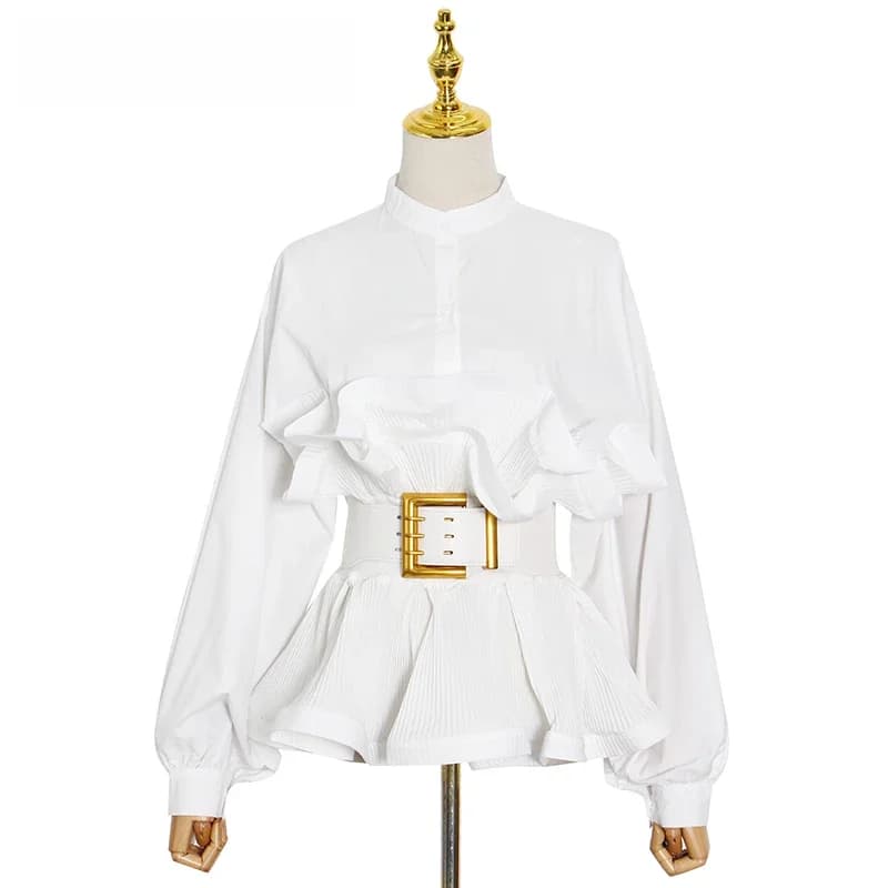 TWOTWurea YLE-Chemisier patchwork à volants pour femme, col montant, manches longues, tunique coréenne élégante, mode féminine, nouveau