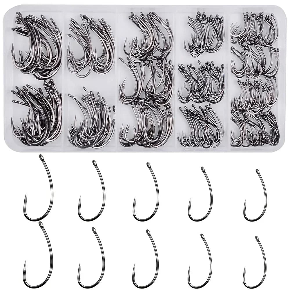 Boîte de 230 hameçons de pêche à la carpe sans ardillon, kit d'hameçons à tige courbée