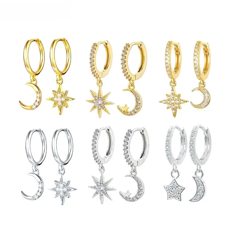 Boucles d'oreilles en argent Sterling 925 pour femmes, petites boucles d'oreilles étoile/lune, pendentif en cristal exquis, bijoux à la mode, cadeau