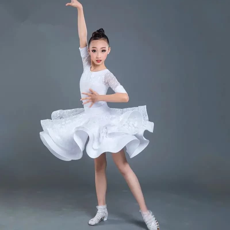 Robe de danse latine pour enfants, Tutu en dentelle, noir et blanc, vêtement de scène Design, Costume de danse Salsa Samba, 130-160CM