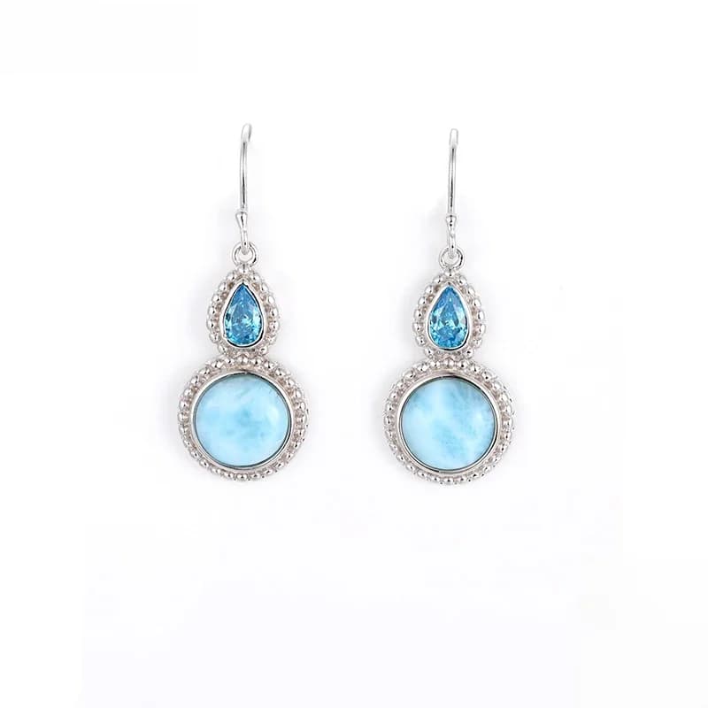 Boucles d'oreilles Larimar pour femmes, bijoux en argent Sterling 925, breloque ronde géométrique, en cristal topaze, cadeau classique