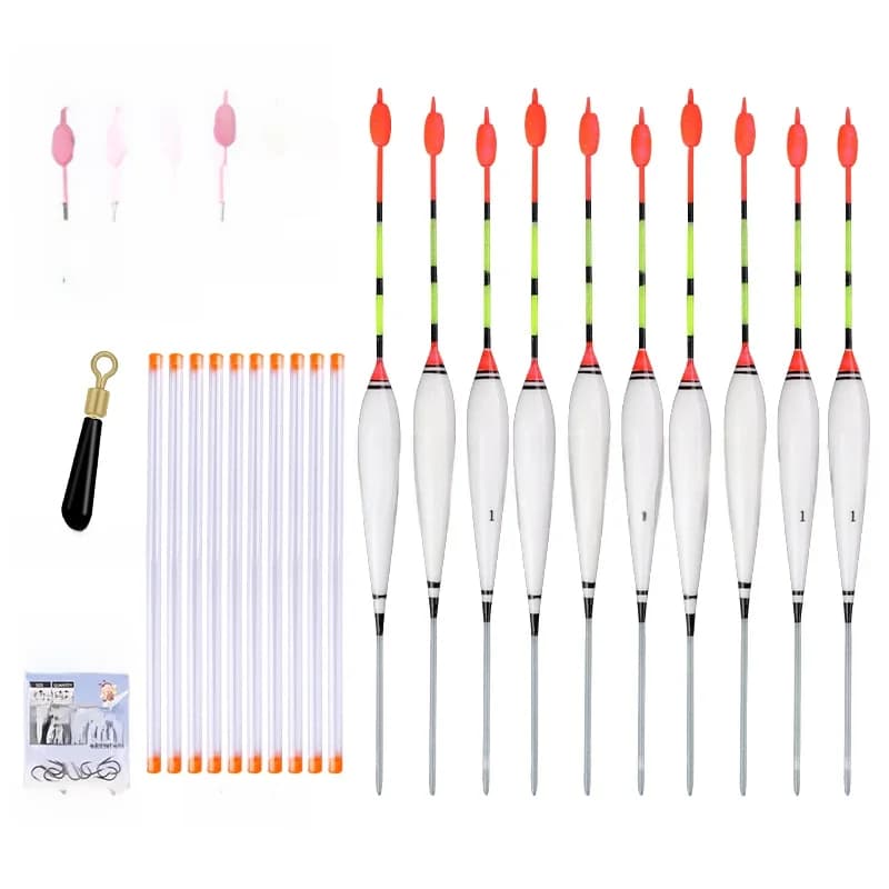 Flotteurs de pêche en eau douce, lot de 10 pièces, 10 tubes de bouée + 1 sac de crochets, accessoires et outils