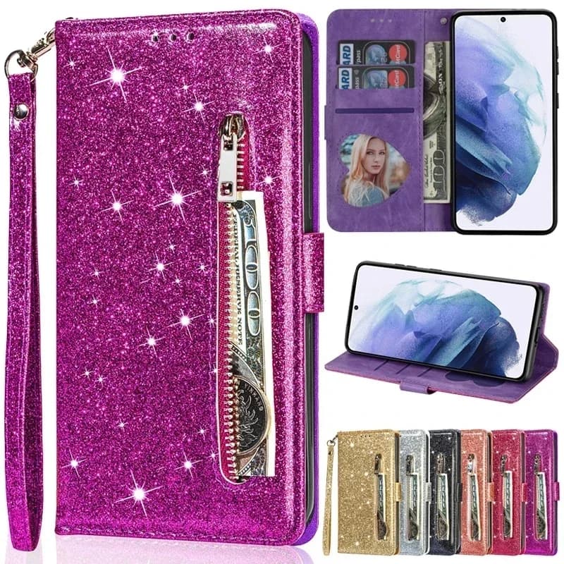 Étui portefeuille en cuir à rabat avec fermeture éclair et paillettes, pour Samsung Galaxy S25 Edge S24 S23 S22 Ultra S21/S20 FE A15 A16 A17 A35 A36 A54 A55 A56