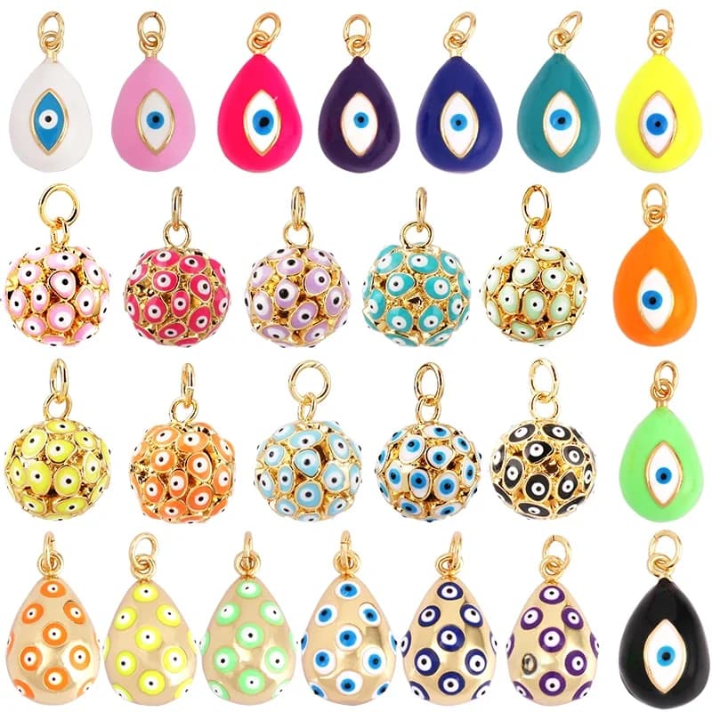 Breloque en émail en forme de larme, mauvais œil, néon, rose, Orange, Turquoise, bleu, goutte d'huile, plaqué or véritable, collier, Bracelet, pendentif M09 M93