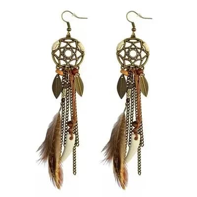Rond rétro femmes capteur de rêves à la main longue gland plume boucles d'oreilles femme feuilles pendentif boucle d'oreille Kolczyki Boho bijoux