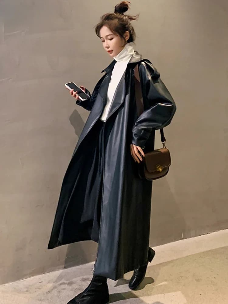 Nerazzurri – Manteau Surdimensionné et Long pour Femme, Trench-Coat en Cuir, Imperméable, Manches Longues, Coupe Ample, Mode Coréenne, Vêtement Printemps 2021