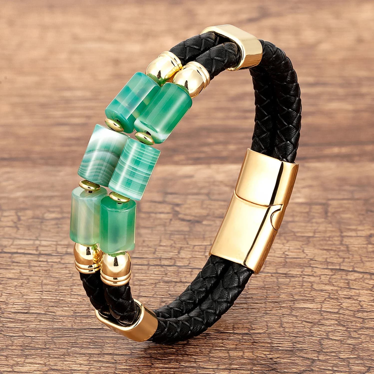 Bracelets et Bracelets de luxe en pierre à Double rangée pour femmes, perles naturelles, fermoir en acier inoxydable, bijoux multicouches en cuir pour hommes