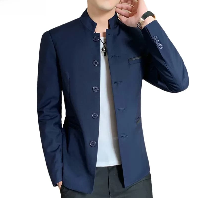 Veste de costume noire rétro pour hommes, manteau à col montant à simple boutonnage, blazer à manches longues pour hommes, bleu vin rouge