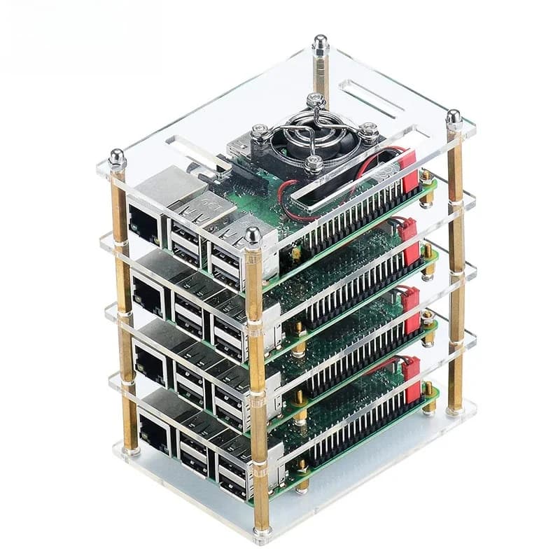 Boîtier Raspberry Pi 4B 3B 3B + 2B, 15 couches, en acrylique transparent, avec ventilateur de refroidissement, dissipateurs thermiques