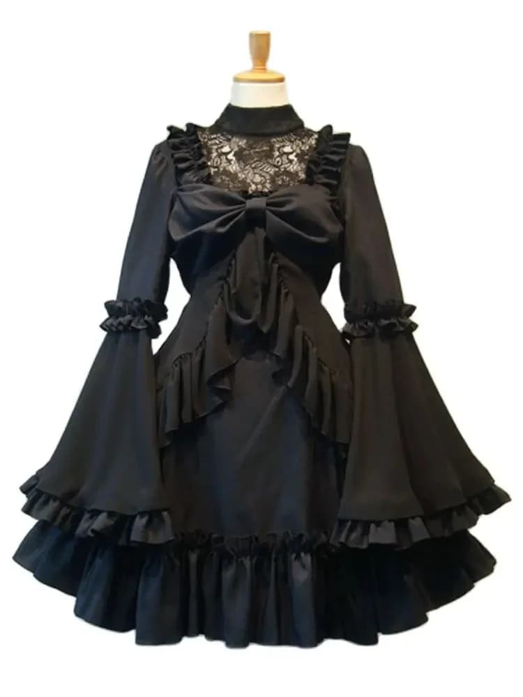 Robe gothique Lolita OP, robes une pièce, manches longues, noir, blanc, volants,