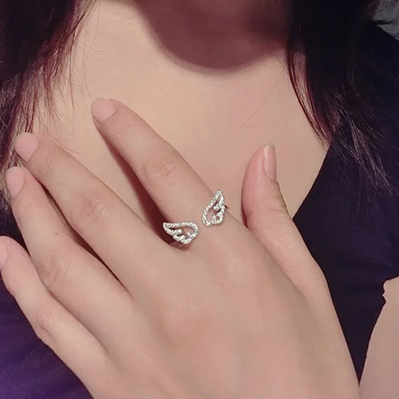 Bague ailes d'ange de Style coréen pour femmes, anneaux réglables en strass, couleur argent, bijoux cadeau d'anniversaire pour fête