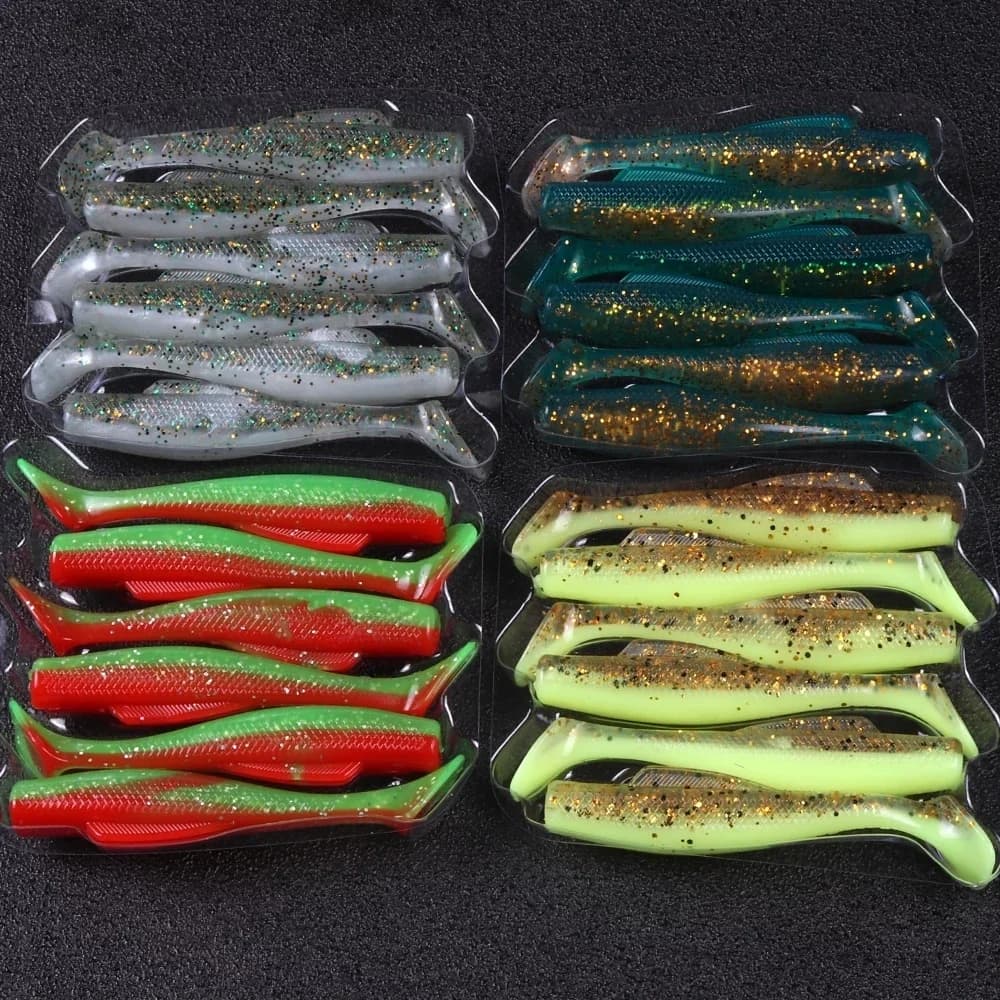 JOHNCOO 6 pièces/lot leurre souple de pêche appât TPR 80mm 4.8g haute élastique t-tail ver trou noir appât flottant gabarits Wobblers