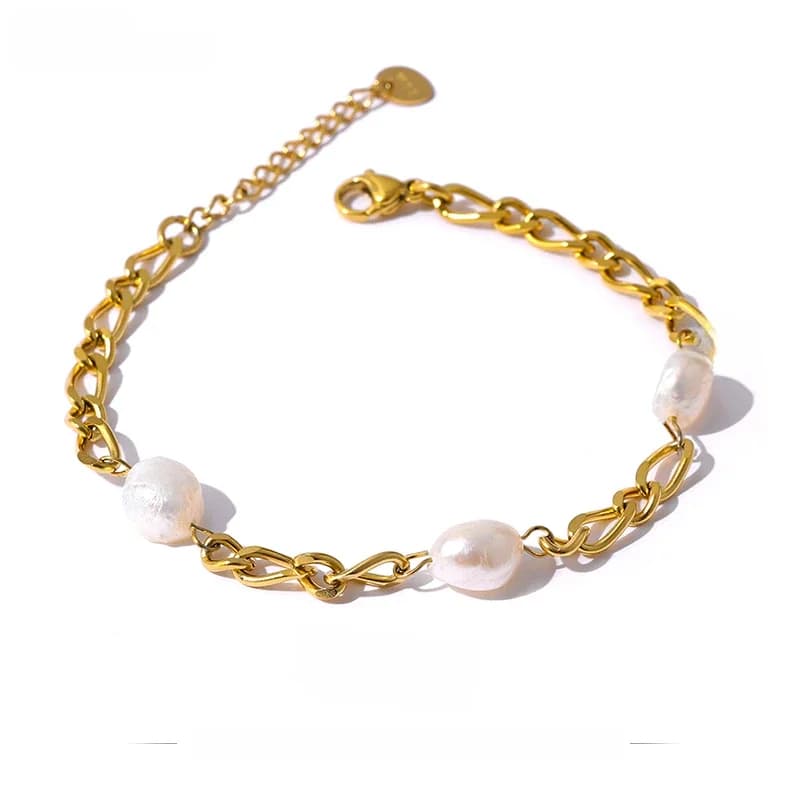 Yhpup élégant Bracelet en chaîne de perles naturelles en acier inoxydable bijoux de mode exquis 18 K métal femmes accessoires étanche