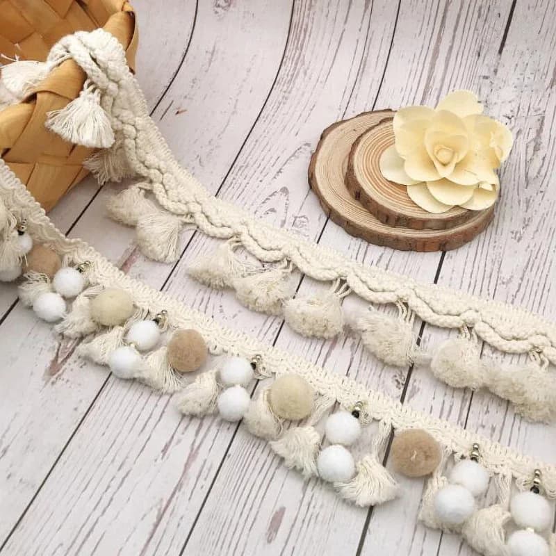 Bande de pompons 1Y, largeur 6CM, ruban à franges, dentelle beige et blanche, tissu tricoté, accessoires artisanaux perlés faits à la main