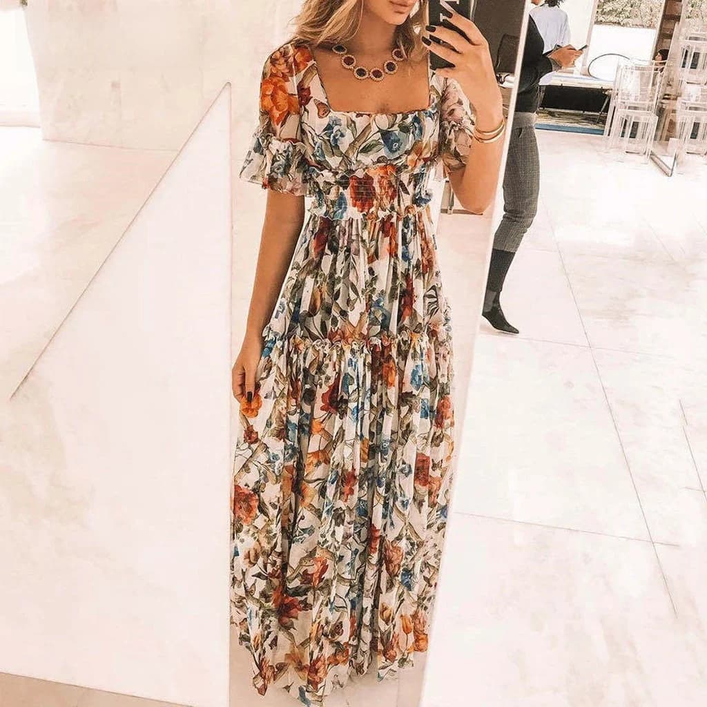Robe de plage à manches courtes pour femmes, décontractée, col carré, taille élastique, taille haute, imprimé floral bohème, maxi, grande taille, été