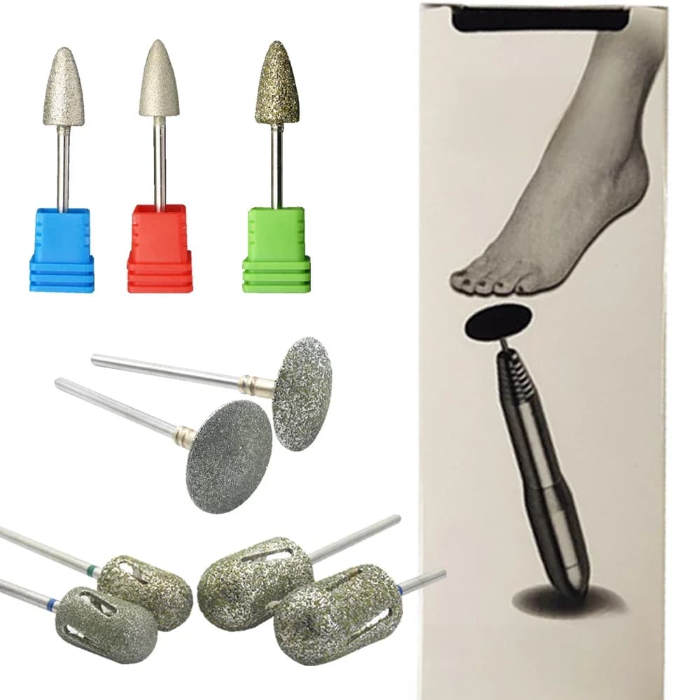 Accessoires de pédicure et manucure : Fraise à ongles diamantée, Bande abrasive, Fraise rotative en papier, Râpe à pieds, Coupe-cuticules, Lime à pieds