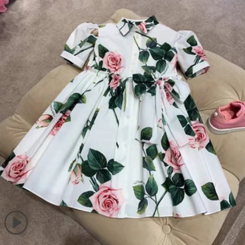Robe d'été vintage imprimée pour bébés filles, manches bouffantes, petite tenue décontractée à revers, coupe trapèze, Shi343