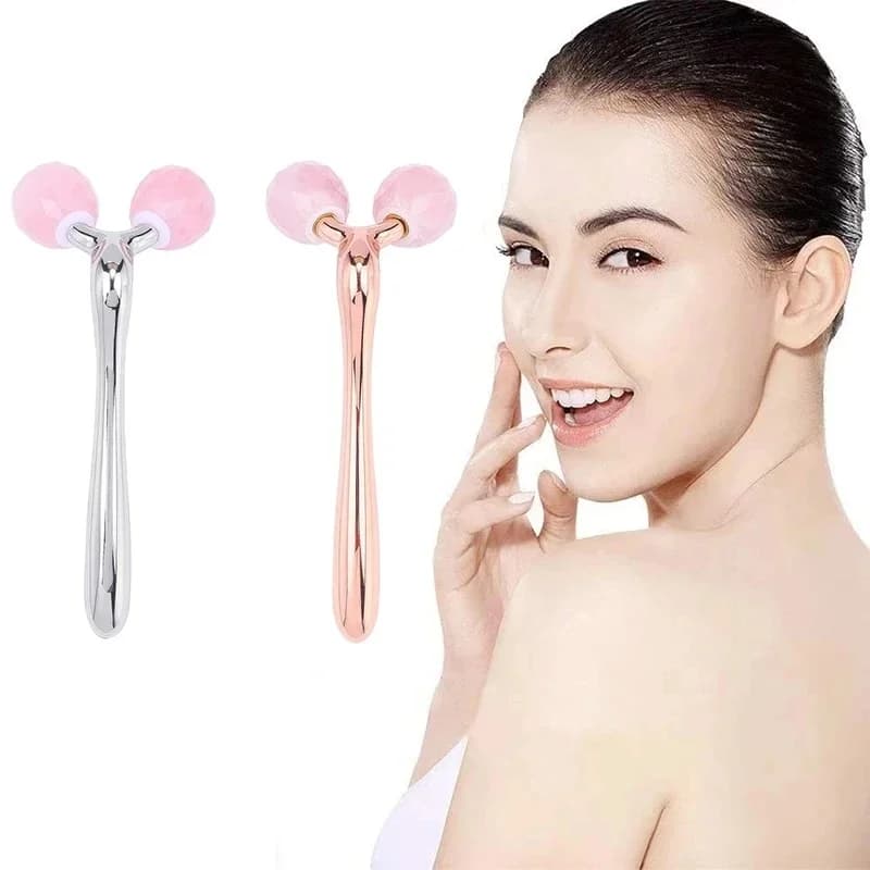 Rouleau de Massage 3D en Quartz Rose pour le visage, outil de soin de la peau, enlève les rides fines du cou et du menton