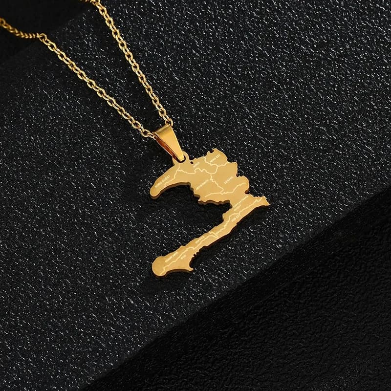 Colliers avec pendentif carte du pays d'Haïti SONYA avec noms des états, pour femmes, couleur or, bijoux ethniques pour fêtes et fiançailles, en acier inoxydable.