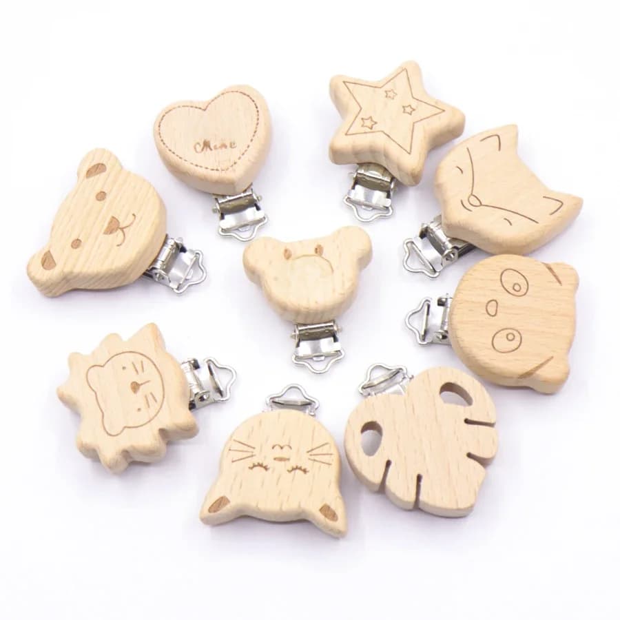 Attache-sucette en bois lapin étoile, 5 pièces, accessoires pour bébé, sucette animale en bois, support métallique, sucette éléphant, dents de bébé en bois