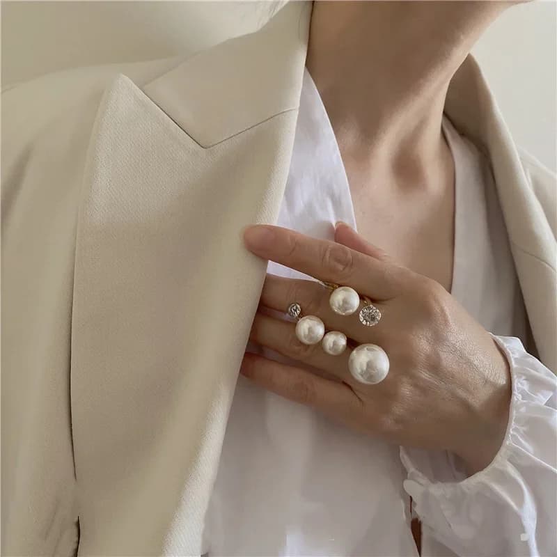 Bagues multi-perles surdimensionnées pour femmes, tendance, cristal irrégulier, strass, breloque, anneau ouvert, bijoux de fête de mariage coréen