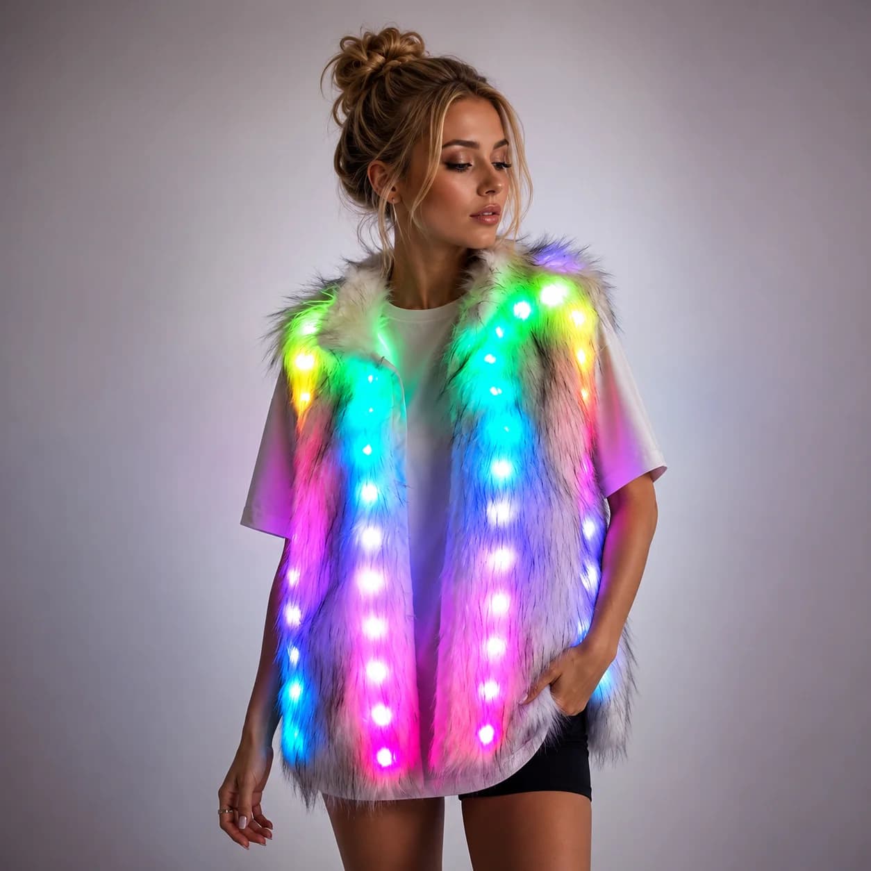 Manteau en fausse fourrure lumineux à LED avec télécommande, veste lumineuse pour fêtes et festivals