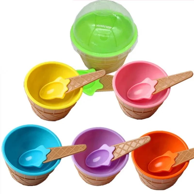 1 ensemble de petits bols à Dessert pour crème glacée colorée pour enfants + cuillère à cône en plastique, accessoire de cuisine pour maison de poupée de Style fête pour enfants