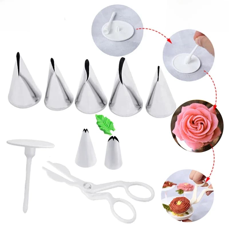 Ciseaux à fleurs, 7 pièces, ensemble de 9 pièces, buse tulipes roses, décoration d'ongles, levage har ant crème, transfert de pâtisserie, cuisine padique