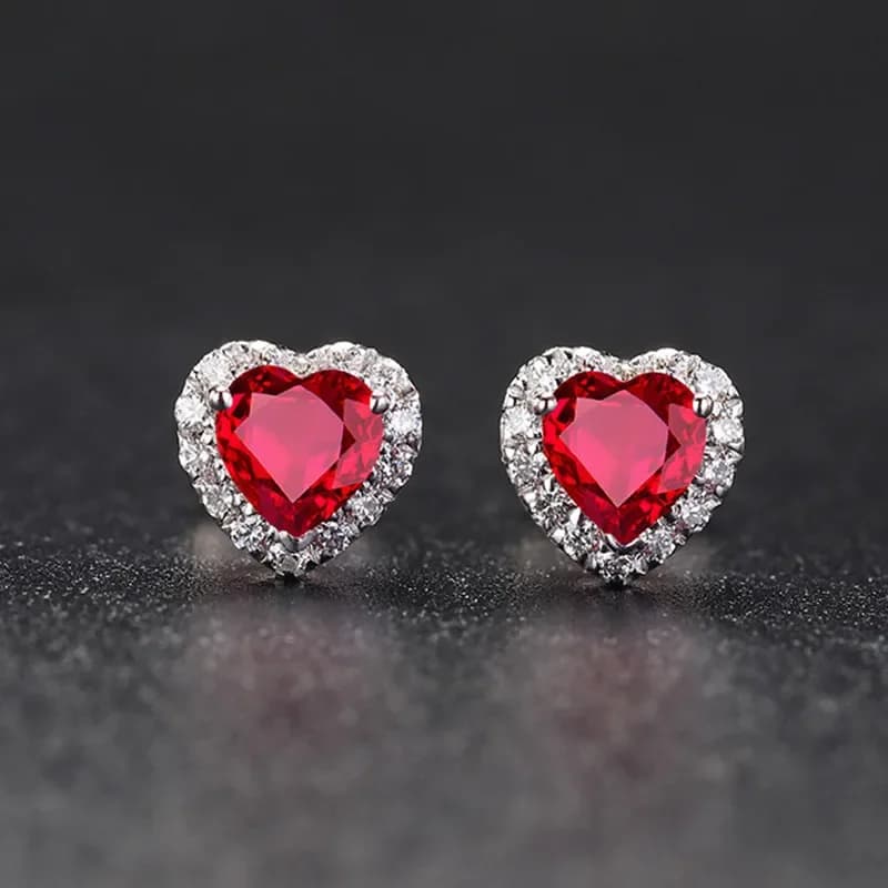 Boucles d'oreilles coeur d'amour en argent regardé 925 pour femme, clou de pierre rouge rubis, luxe, fête de mariage, cadeau d'anniversaire, femme