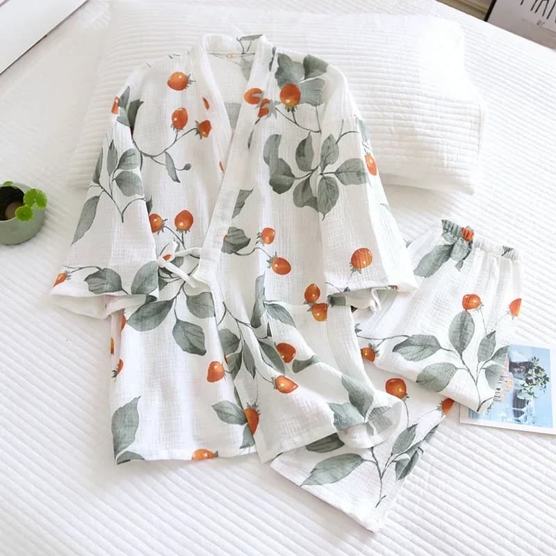 Nouvel ensemble pyjama japonais en coton pour femme, collection Printemps/Été 2026, deux pièces, manches trois-quarts, pantalon ample, tenue d'intérieur