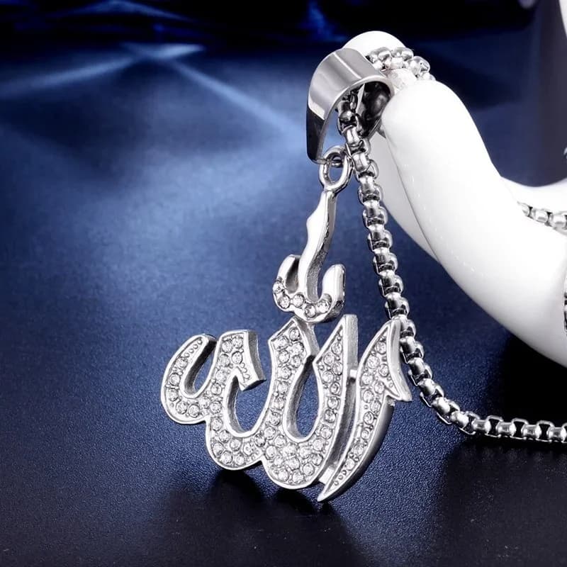 Collier pendentif en forme de rune arabe islamique pour femme, pendentif incrusté de cristal, amulette religieuse musulmane, accessoire de bijoux