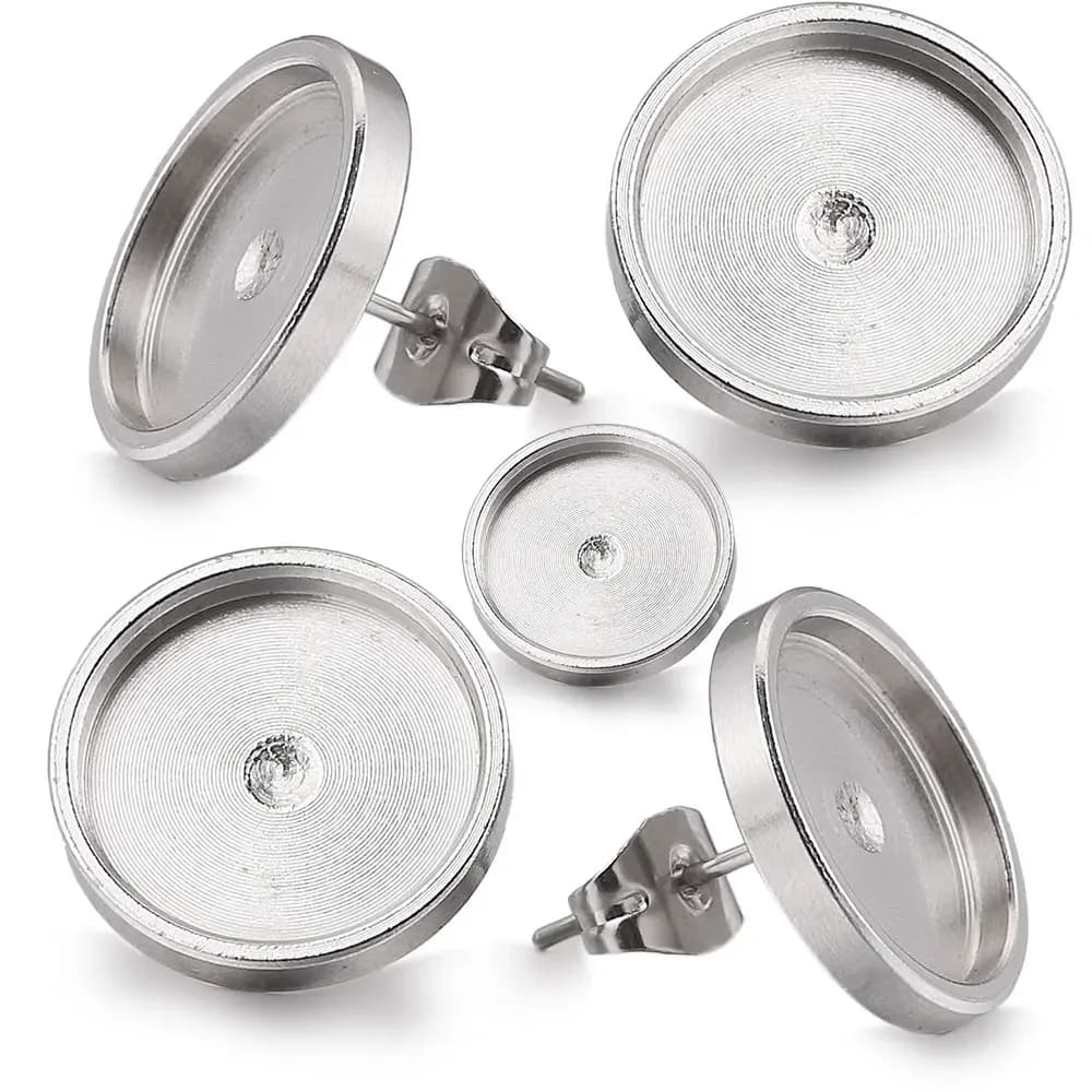 20 pièces 6 8 10 12mm en acier inoxydable plat boucle d'oreille réglage blanc boucle d'oreille Base résine Cabochon plateau bricolage fabrication de bijoux en gros