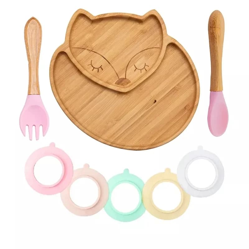 Bol d'alimentation en bambou personnalisé pour bébé, cuillère fourchette motif renard, vaisselle alimentaire, assiette d'entraînement en bois pour enfants, ventouse en Silicone amovible