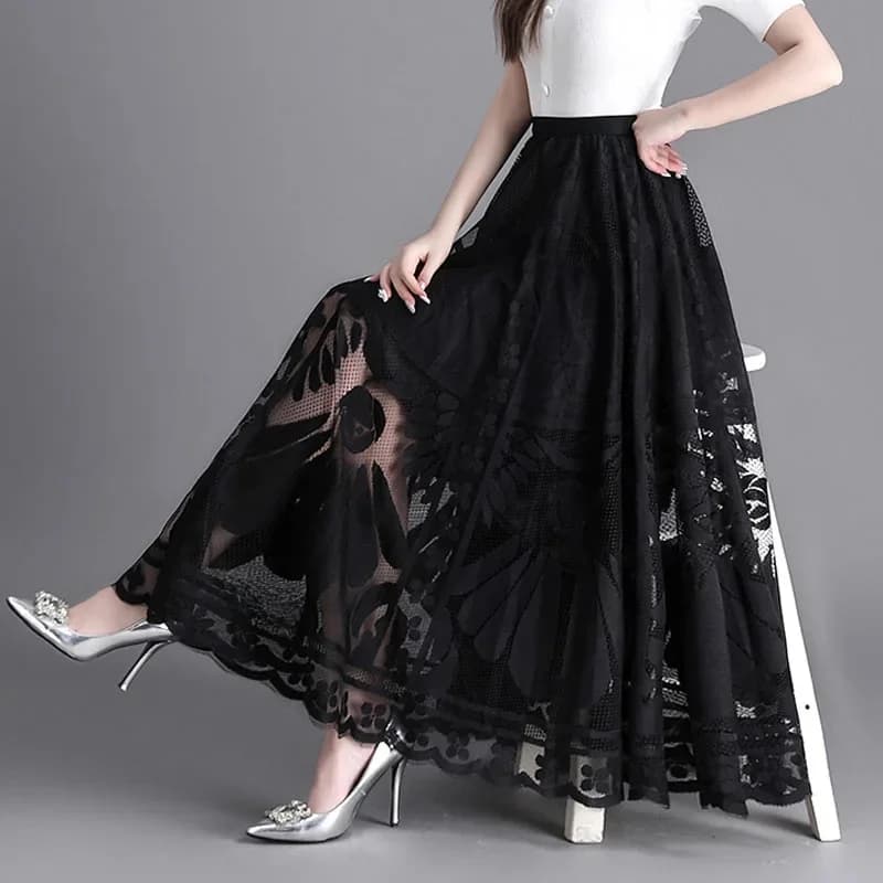 Jupe longue noire en dentelle pour femme, ligne A, maxi, mode, été