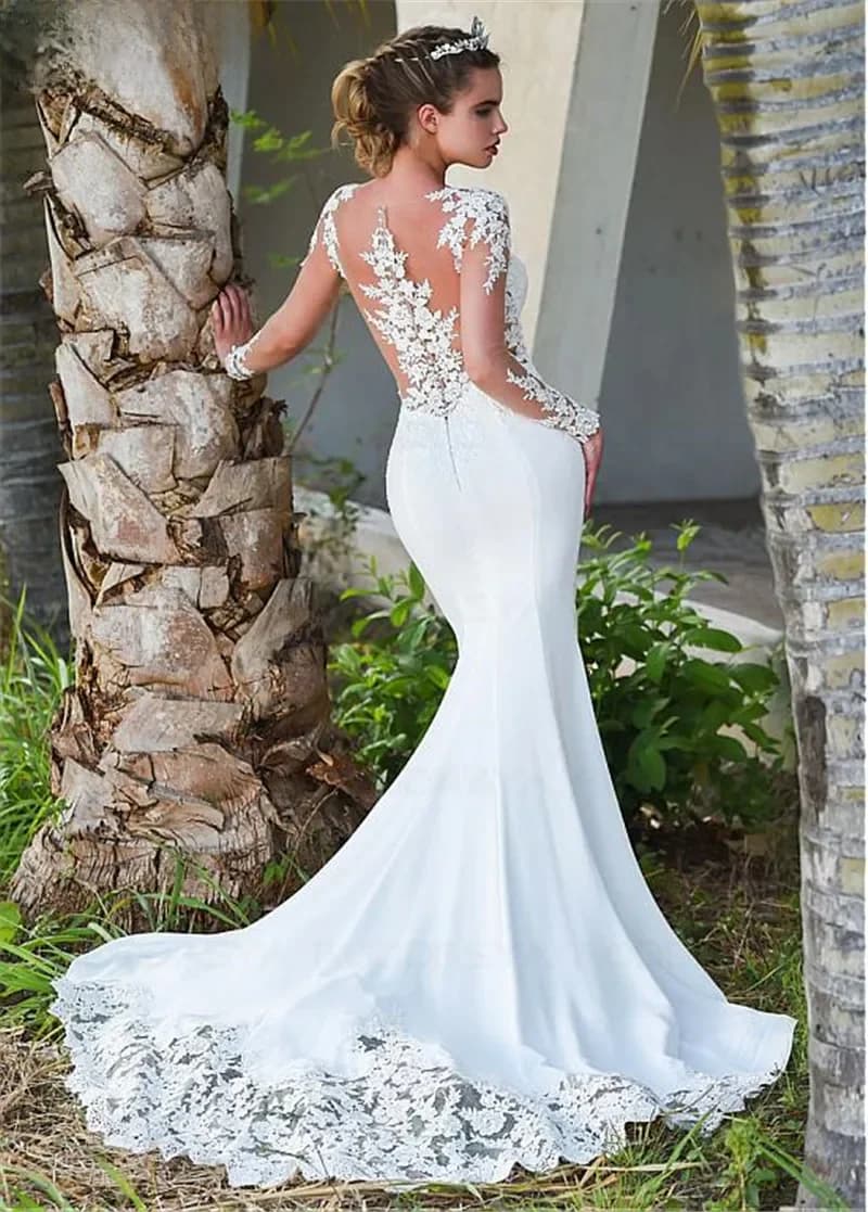 RODDRSYA à manches longues autocollants de dentelle transparente sirène robe de mariée robe de mariée à l'arrière avec bRODDRSYA-Robe de Mariée Sirène en Dentelle Transparente à Manches sulf, avec