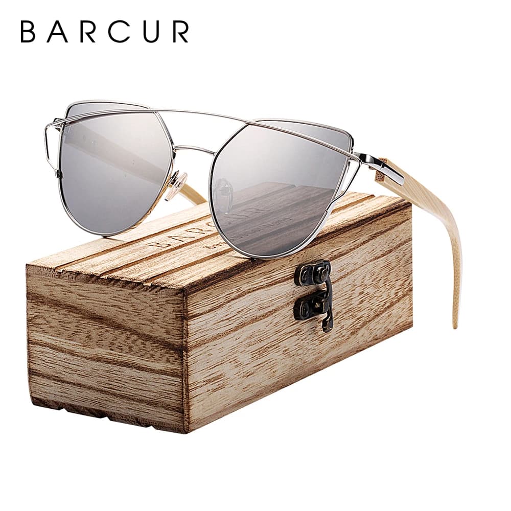 BARCUR lunettes de soleil œil de chat bambou polarisé monture métallique lunettes en bois dame luxe mode lunettes de soleil UV400