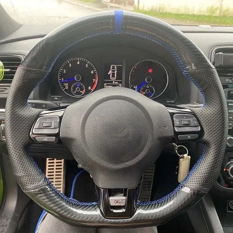 Juste de volant de voiture en cuir véritable cousu à la main, fibre de carbone, noir, Volkswagen Golf 6, GTI MK6, contraste, rocco R