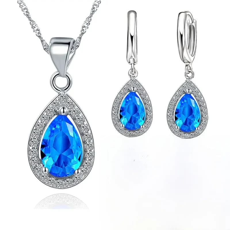 Classique femmes goutte d'eau cristal pendentif colliers goutte ensemble de boucles d'oreilles pour mariage 925 en argent Sterling ensembles de bijoux de mariée