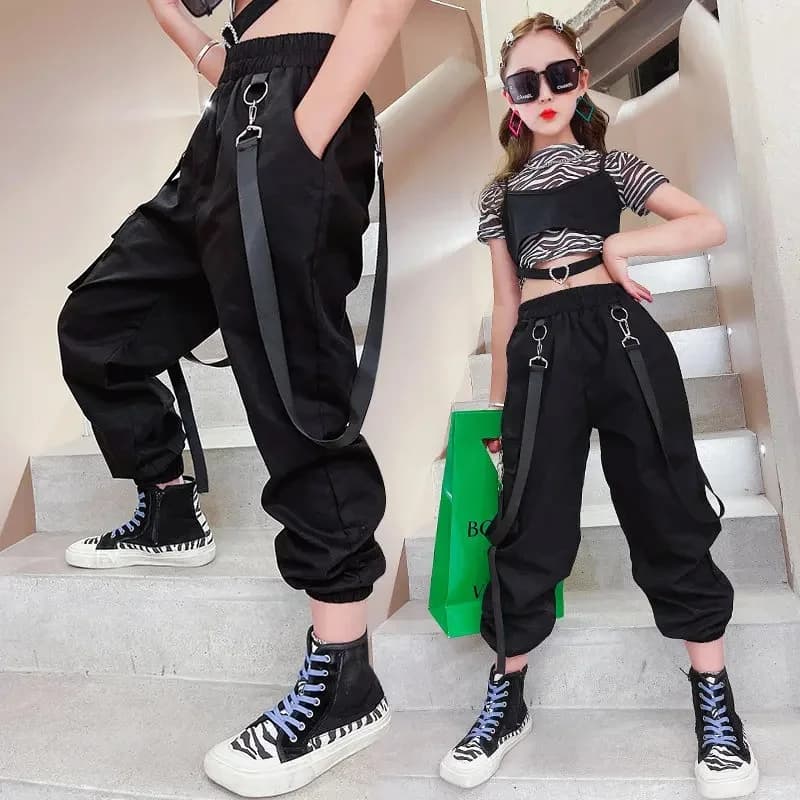 Pantalon Cargo noir pour adolescentes, nouvelle mode d'été, Streetwear Hip Hop, pantalon de survêtement avec chaîne pour filles de 6 8 10 12 14 ans