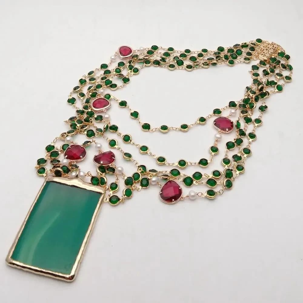 YYGEM – pendentif en Agate verte, 5 brins, 18 pouces, perles blanches, vertes, rouges, chaîne en cristal, collier fait à la main, style vintage pour fête