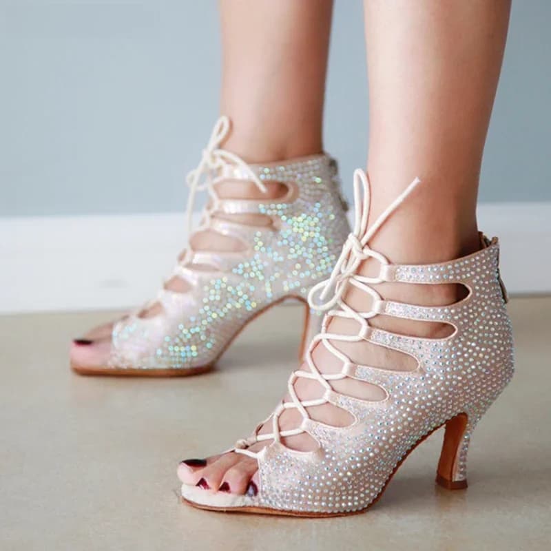 Chaussures de danse latine pour femmes, chaussons de salle de Rh, semelle extérieure en daim, document beige, chaussures de phtalsite à la mode, Rotterdam Kly Rhionstones, Salsa