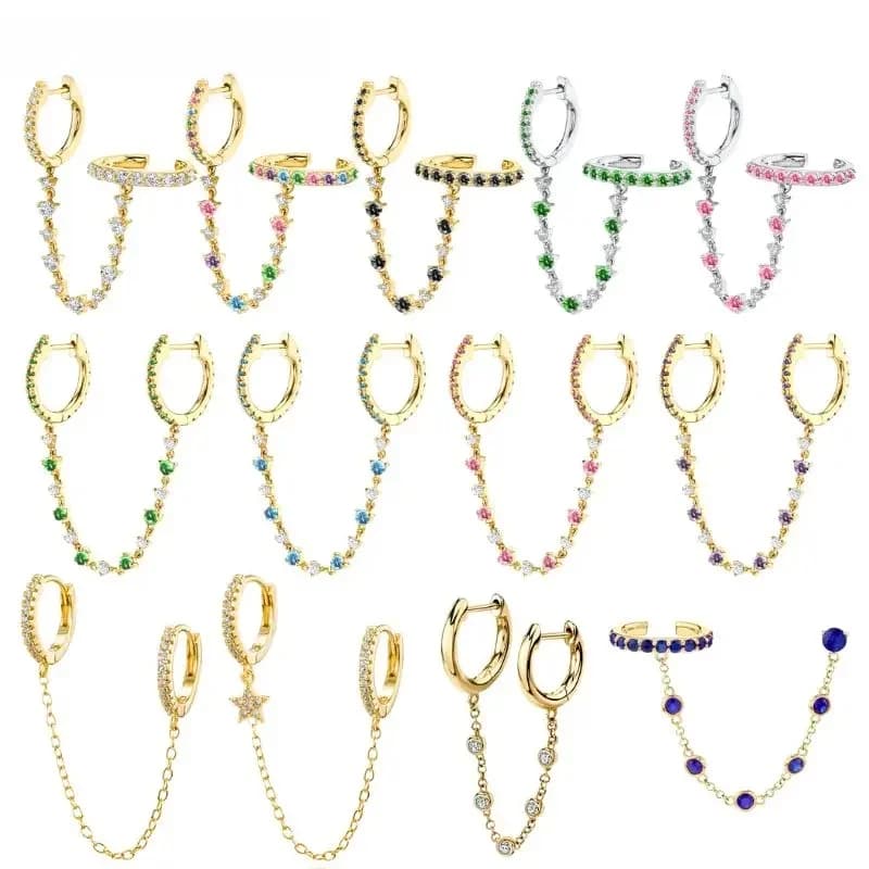 Boucles d'oreilles cerceau Piercing à deux trous, aiguille en argent 925, chaîne en cristal, pompon, bijoux de fête de mariage pour femmes